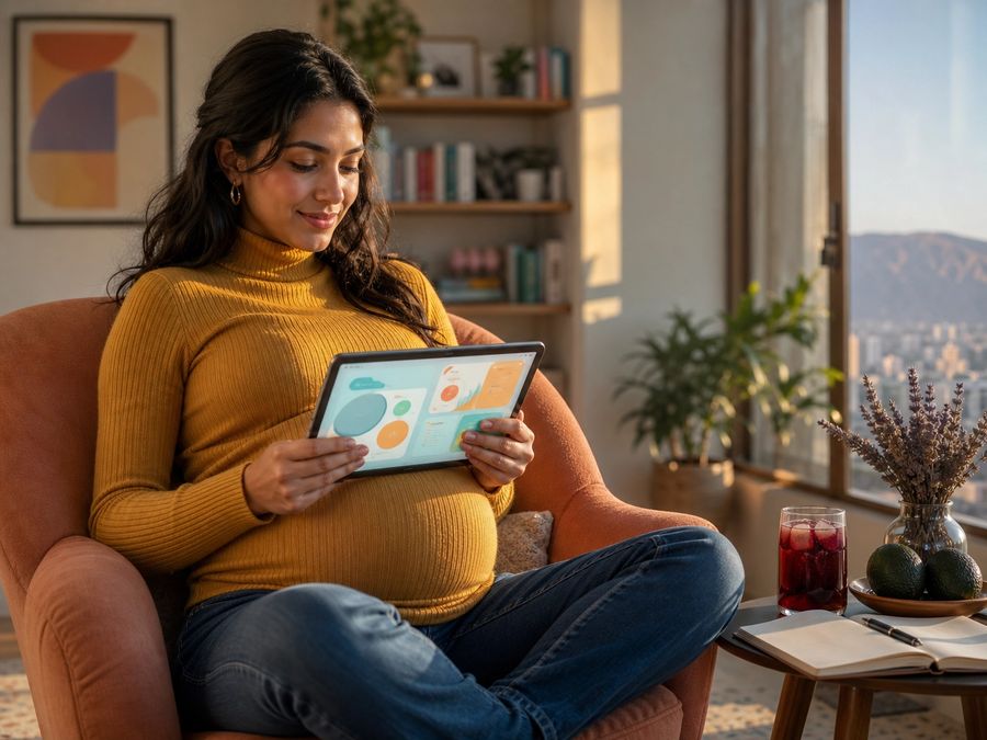 Sofía Herrera, Madre Millennial Conectada — embarazada joven con tablet en su living