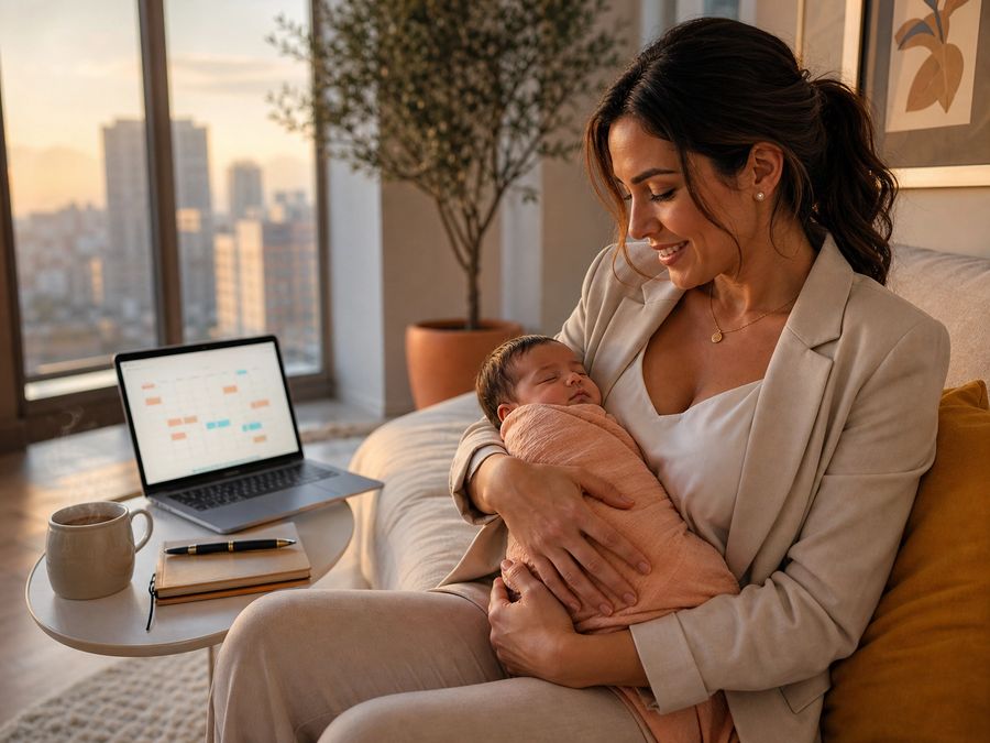 Javiera Muñoz, Madre Profesional — postparto reciente con bebé y notebook profesional