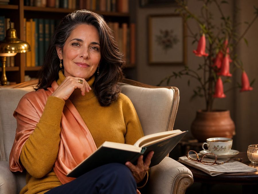 Carolina Soto, Madre Piloto de Tormentas — mujer madura serena leyendo en su biblioteca personal